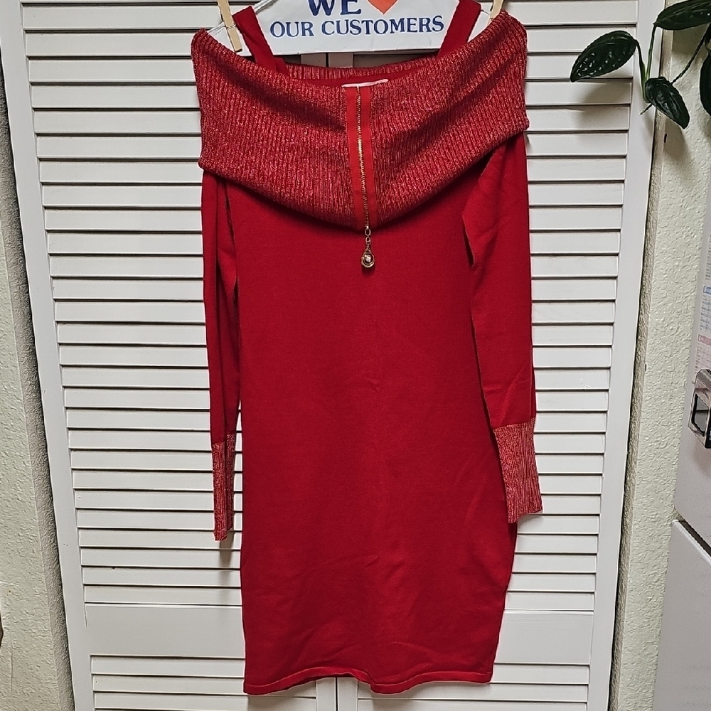 EUC Say What? Bright Red Knit Bodycon Dress Metallic Trim Faux Zipper Cowl Neck - Picture 2 of 10
